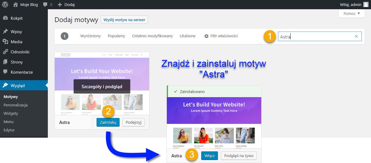 Instalacja i aktywacja nowego motywu WordPress - Astra