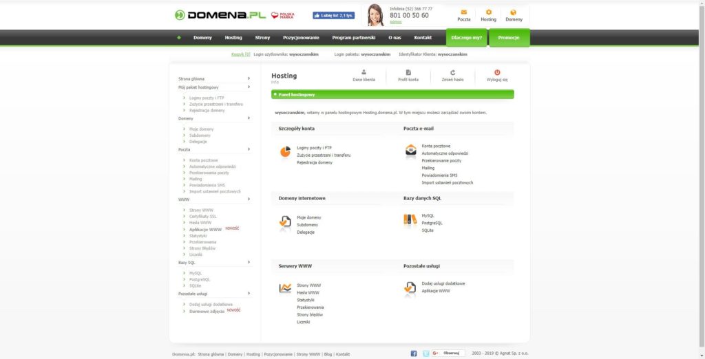 Panel administracyjny konta hostingowego domena.pl Panel administracyjny konta hostingowego domena.pl