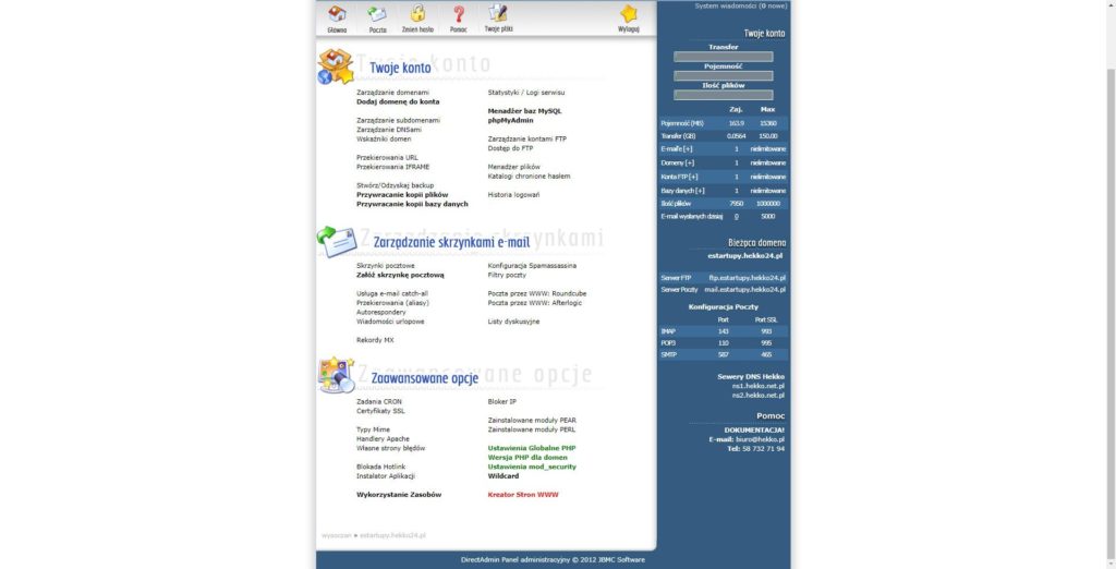 Panel administracyjny konta hostingowego hekko.pl Panel administracyjny konta hostingowego hekko.pl