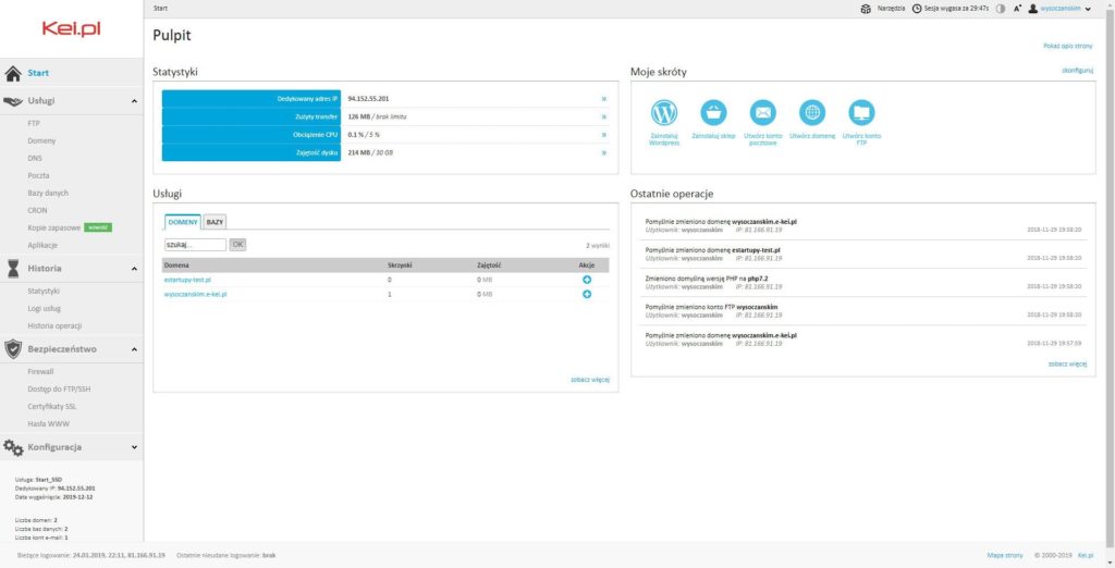 Panel administracyjny konta hostingowego kei.pl Panel administracyjny konta hostingowego kei.pl