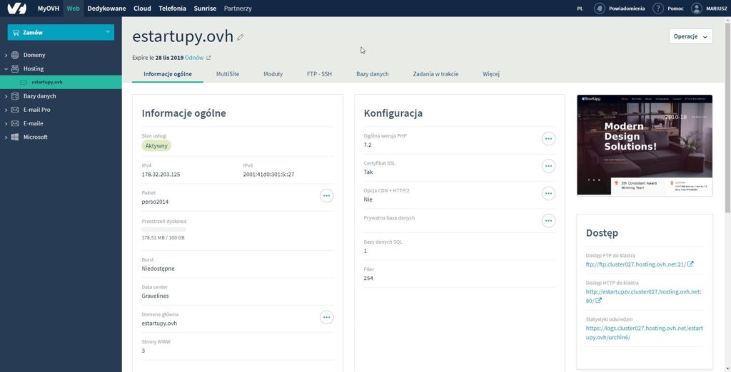 Panel administracyjny ovh Panel administracyjny konta hostingowego ovh.pl