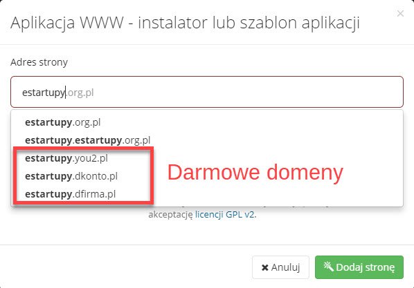 Gdy nie mamy własnej domeny możemy skorzystać z darmowej subdomeny firmy dhosting.pl