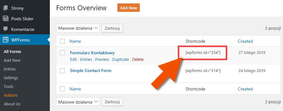 Kod shortcode formularza kontaktowego WPForms