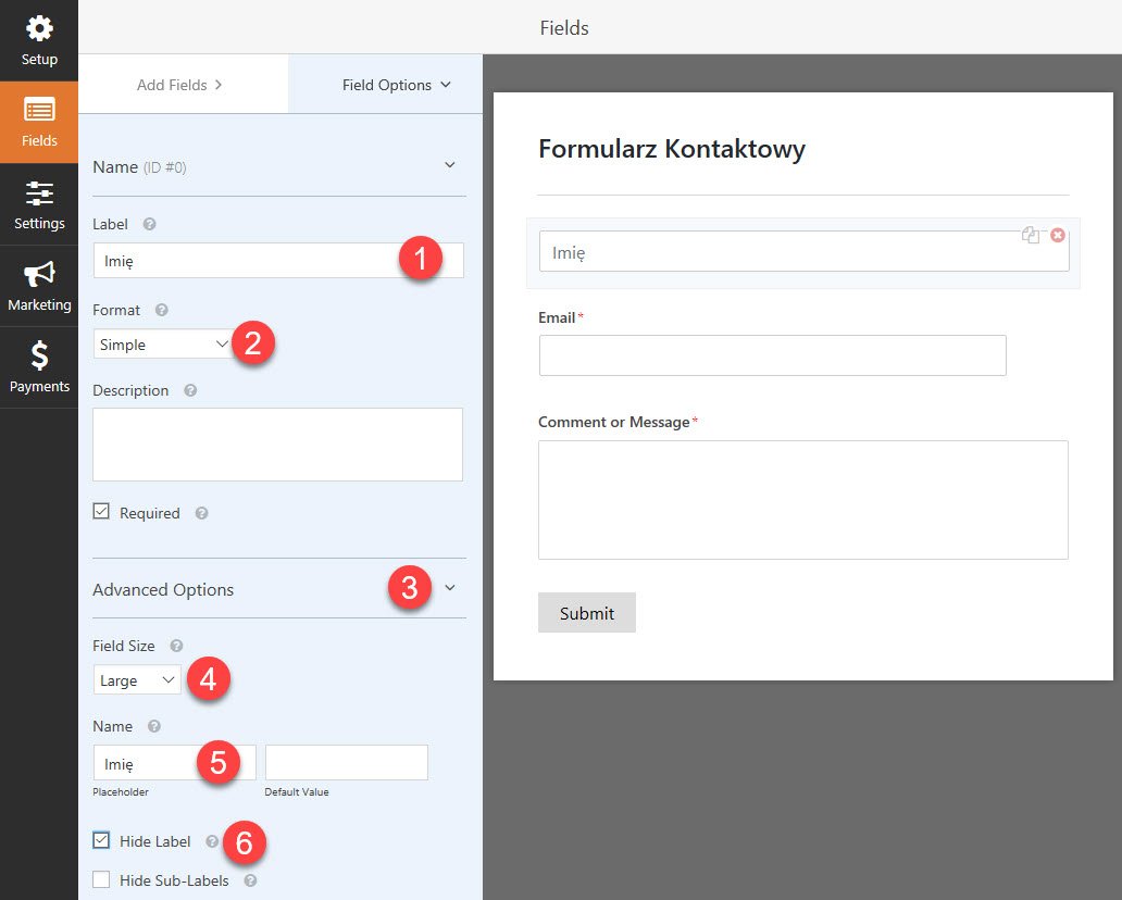 Konfiguracja pola formularza WPForms Obraz przedstawia w 6 krokach jak najlepiej skonfigurować pole Imię i Nazwisko w formularzy kontaktowym dla WordPress - WPForms