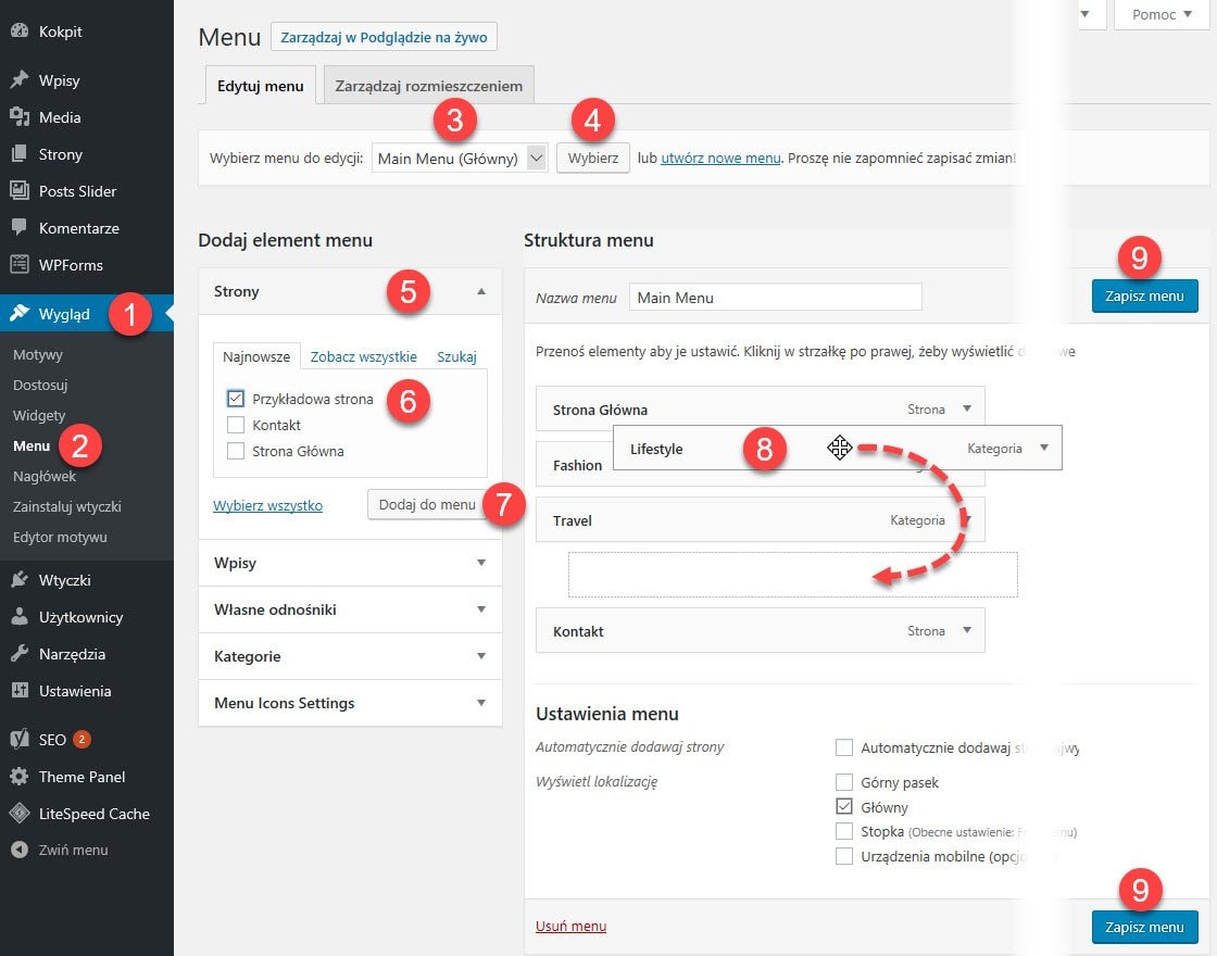 Zmiana struktury menu na stronie WordPress Obraz pokazuje jak krok po kroku dodać nową stronę do menu głównego strony WordPress lub bloga oraz jak zmienić kolejność elementów menu przeciągając je z miejsca na miejsce