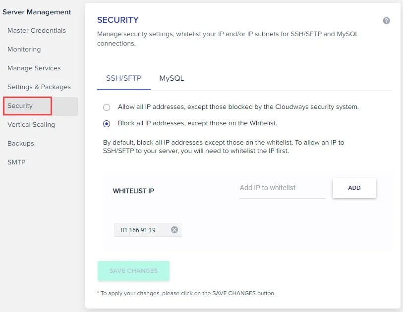 Obraz pokazuje jak cloudways dba o bezpieczeństwo serwerów dzięki możliwości blokowania adresów IP