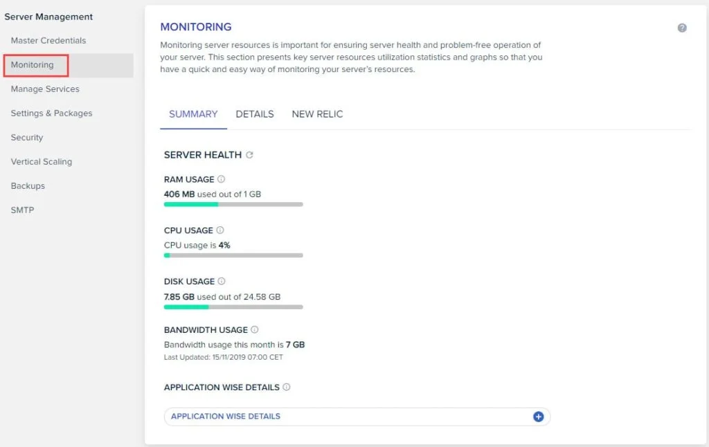 Obraz pokazuje, jak sprawdzić poziom wykorzystania procesora na hostingu VPS Cloudways