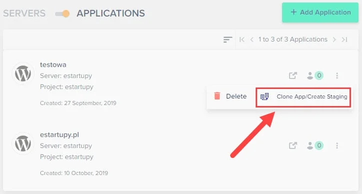 Obraz pokazuje dostępną na hostingu Cloudways opcję Staging i klonowania stron