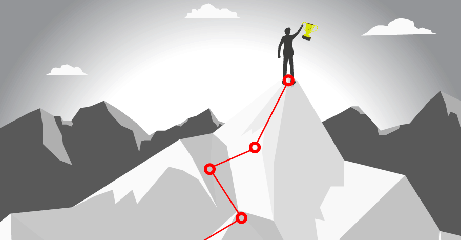 Obraz przedstawia człowieka na szczycie góry co reprezentuje wizję sukcesu - ważna składnik sukcesu w szukaniu pomysłu na biznes