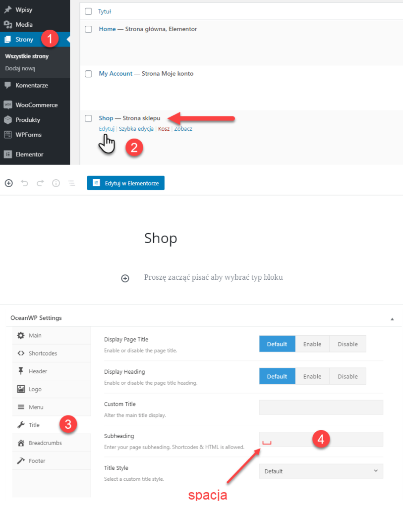 Jak zmienić, albo usunąć napis "Tutaj możesz dodać nowe produkty do sklepu" pod tytułem strony z produktami w motywie OceanWP