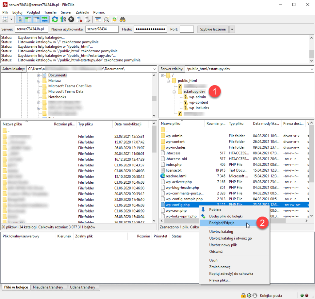 Edycja pliku wp-config za pomoca klienta FTP FileZilla