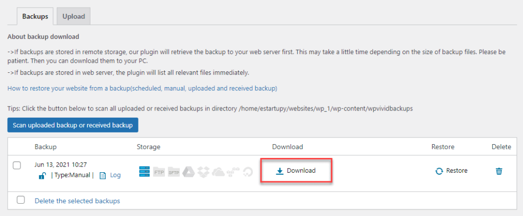 Jak pobrać na dysk komputera kopię zapasową strony internetowej WordPress zrobioną wtyczką WPvivid