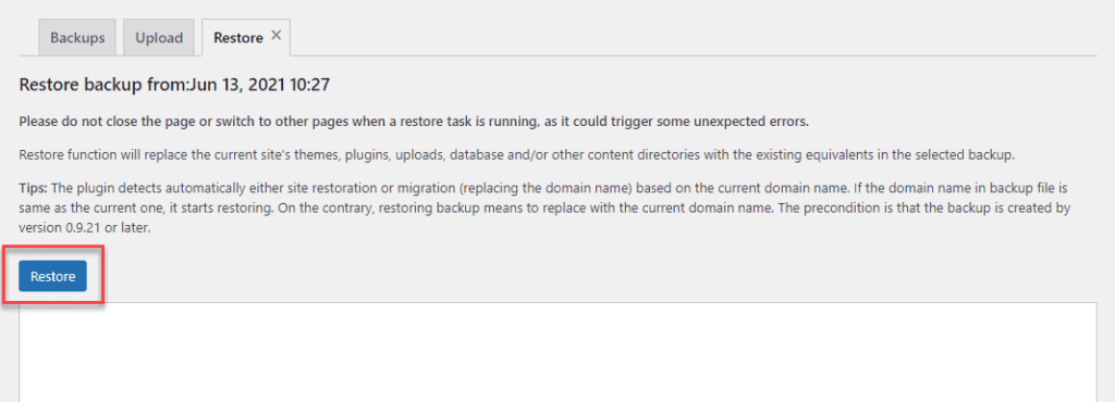 Potwierdzenie decyzji o przywróceniu kopii zapasowej WordPress we wtyczce WPvivid