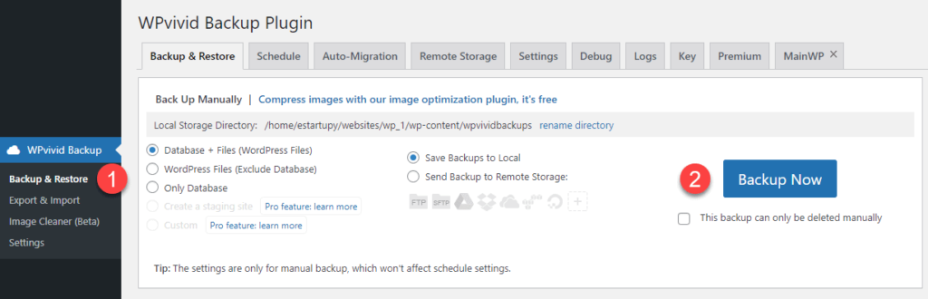 Obraz pokazujący tworzenie kopii zapasowej WordPress wtyczką WPvivid krok po kroku