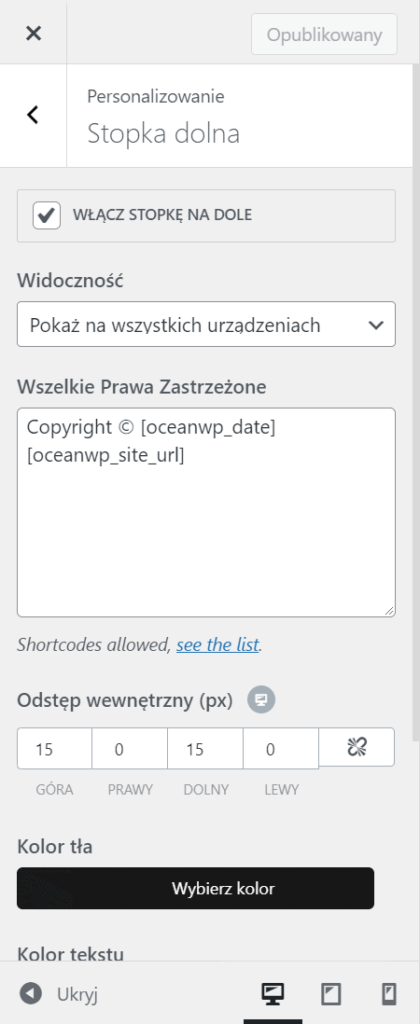 Gdzie i jak dodać informacje o prawach autorskich w motywie oceanwp dla WordPress