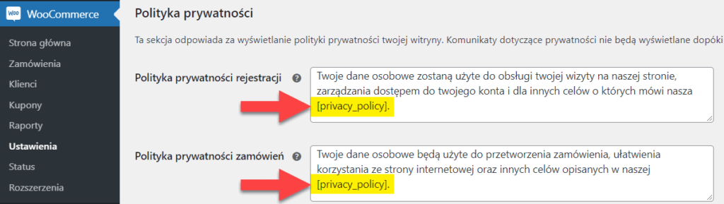 Gdzie zmienia się tekst polityki prywatności w WooCommerce