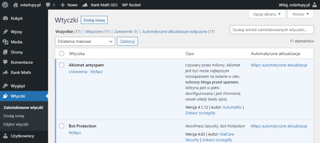 Lista wtyczek zainstalowanych na stronie estartupy