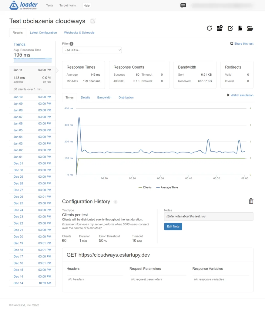 Test obciążeniowy hostingu cloudways w loader io widok pojedynczego testu