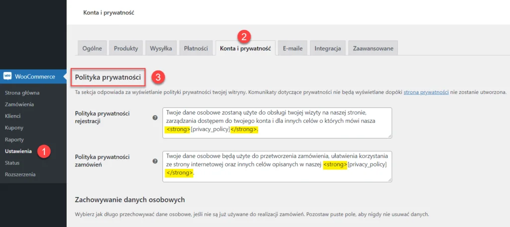 konfiguracja polityki prywatności w woocommerce