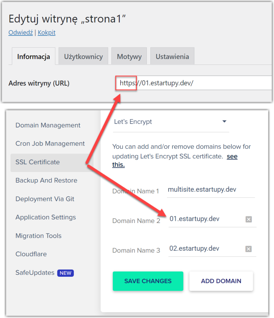 różne domeny w sieci witryn wordpress multisite mapowanie domen w cloudways z certyfikatem ssl