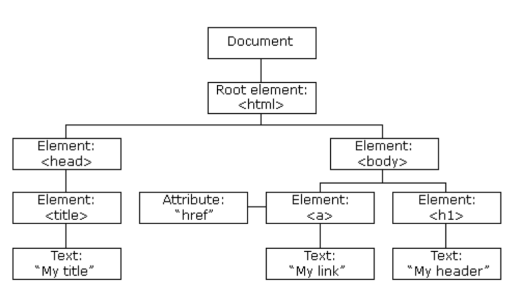 Co to jest DOM w html i projektowaniu stron internetowych. Obrazek pokazuje strukturę DOM