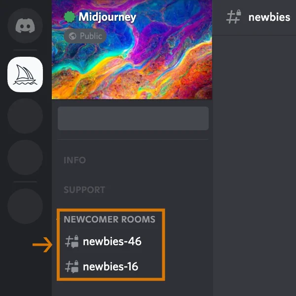Obraz paska bocznego na serwerze Discord Midjourney, pokazującego kanały dla nowych graczy.