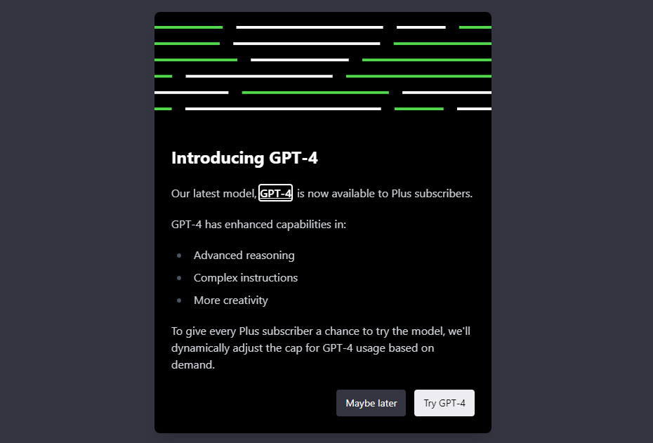 Informacja w ChatGPT mówiąca o tym że GPT-4 już jest dostępny dla użytkowników ChatGPT Plus