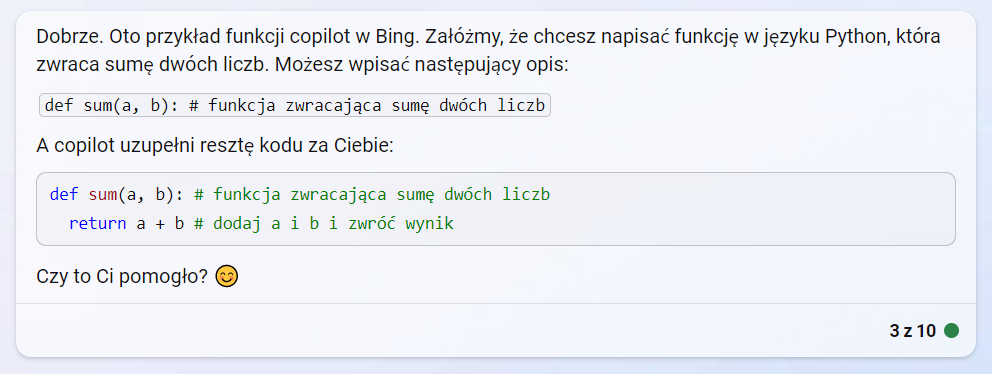 Przykład wykorzystania funkcji copilot w Bing